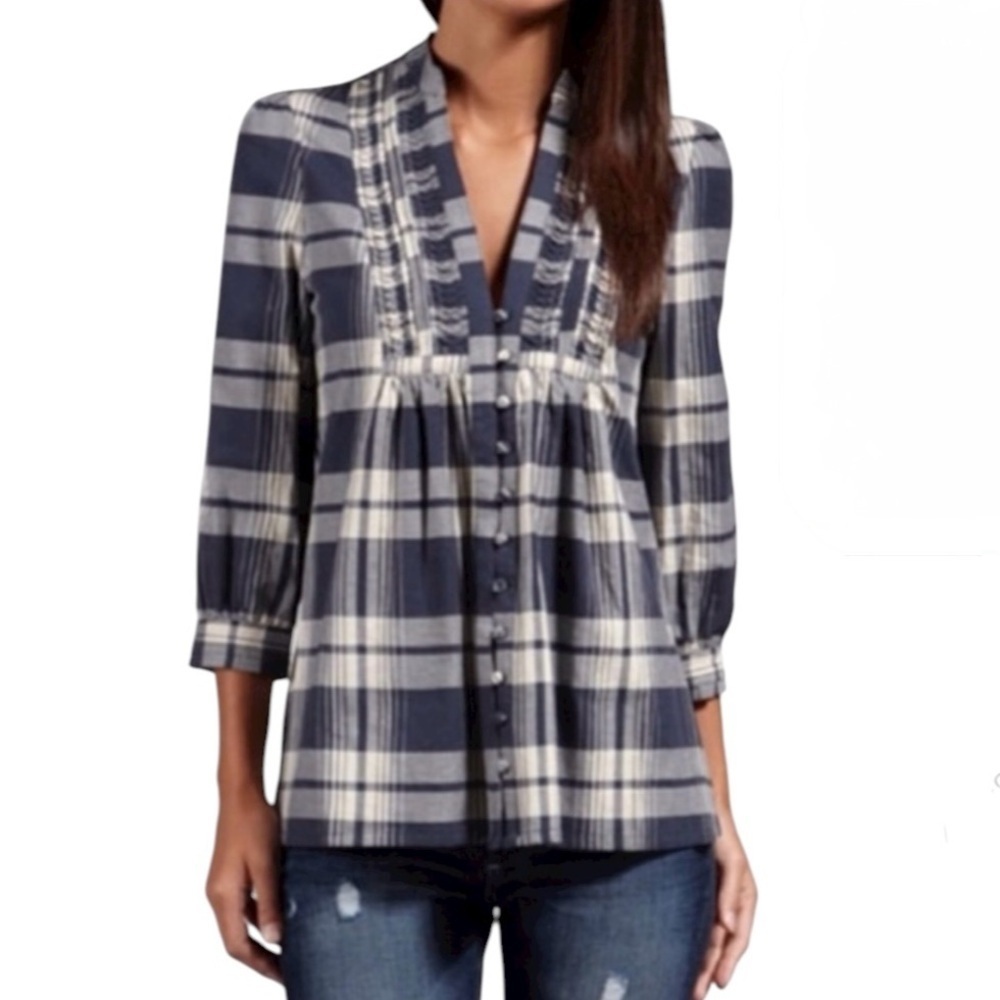 Joie Cotton Flannel Luciana Plaid Sparrow Blouse Blue Cream Size S